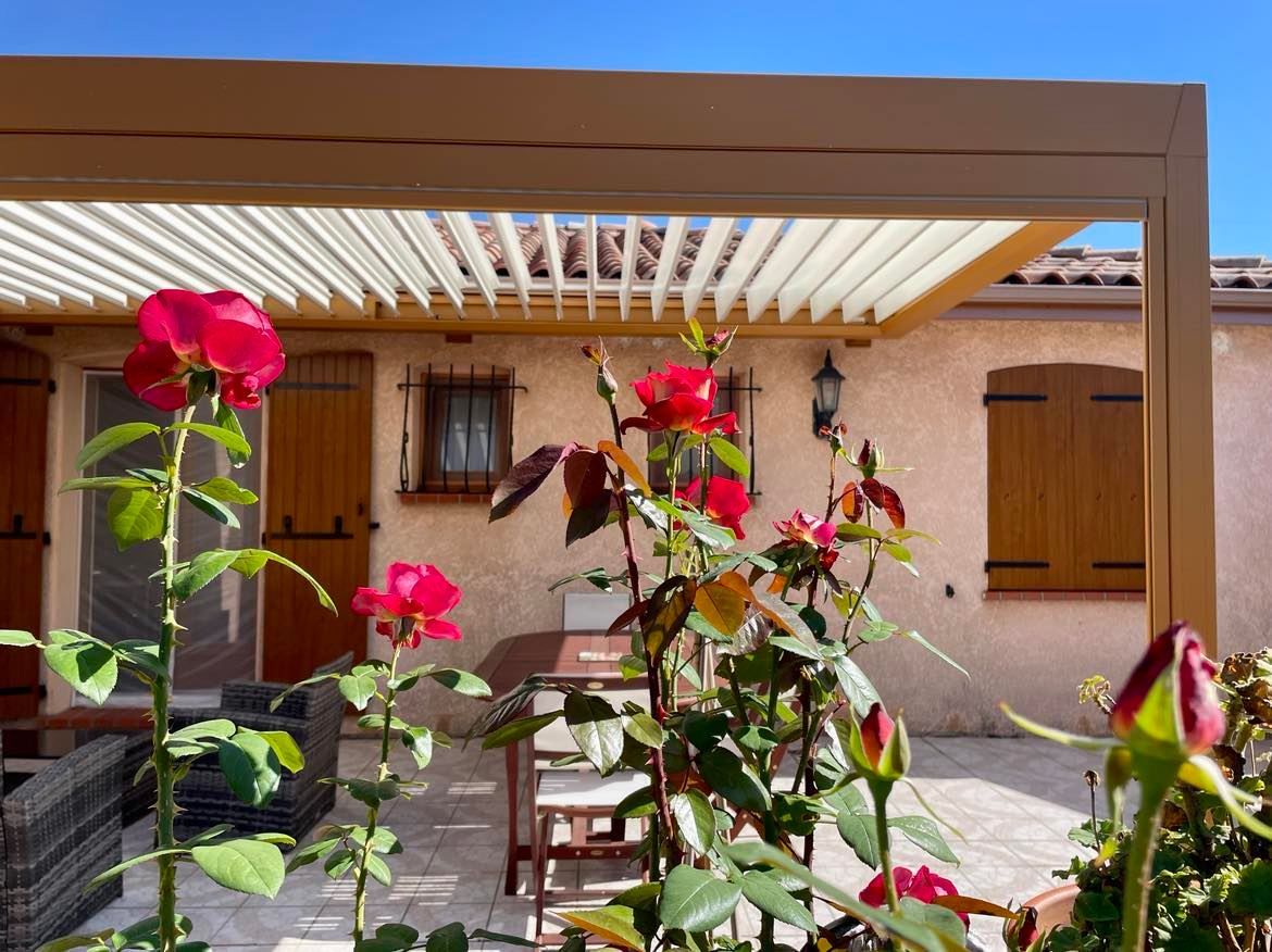 Belles roses rouges en fleurs sur une terrasse ensoleillée, avec pergola, maison et mobilier extérieur.