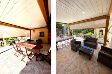 Terrasse couverte avec table, chaises et salon de jardin sous un abri avec stores latéraux. Ambiance extérieure confortable.