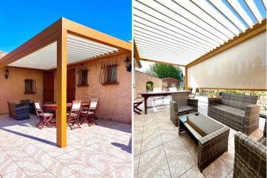 Deux terrasses avec pergolas bioclimatiques et lames orientables, offrant une protection solaire élégante.