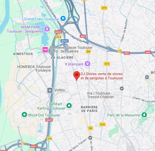 Localisation sur une carte de Toulouse de "DJ Stores vente de stores et de pergolas". Visible A620, Sesquières, et quartiers alentour.