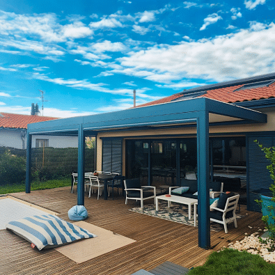 Grande pergola design bleu ardoise adossée à une maison, couvrant une vaste terrasse en bois aménagée. Salon de jardin et coin repas extérieur.