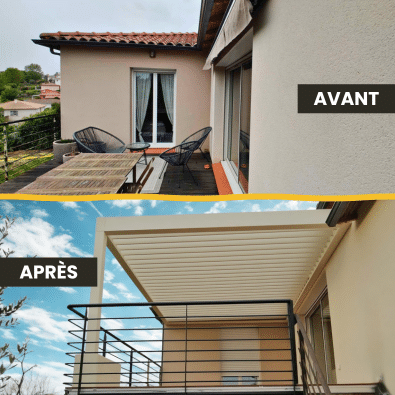 AVANT/APRÈS : Rénovation de terrasse extérieure. Installation d'une pergola bioclimatique beige.
