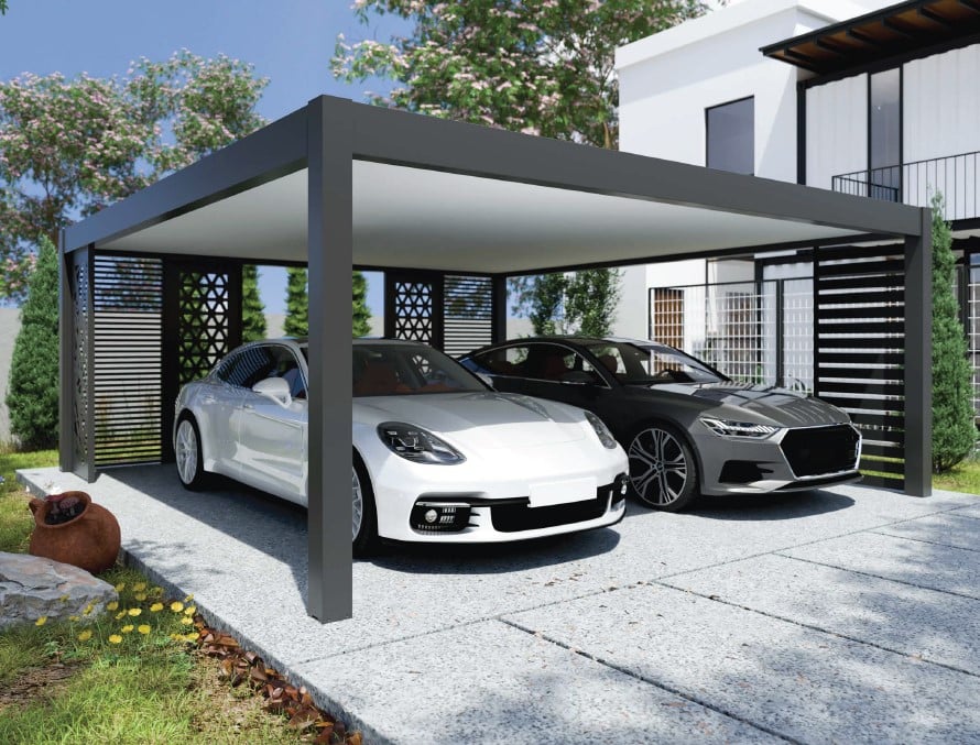 Carport double moderne en aluminium gris anthracite, sur quatre pieds