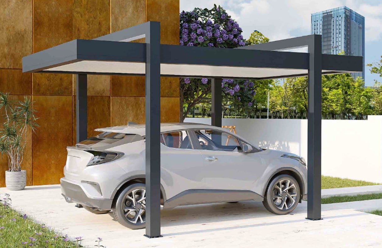 Carport moderne en aluminium gris foncé avec pieds déportés