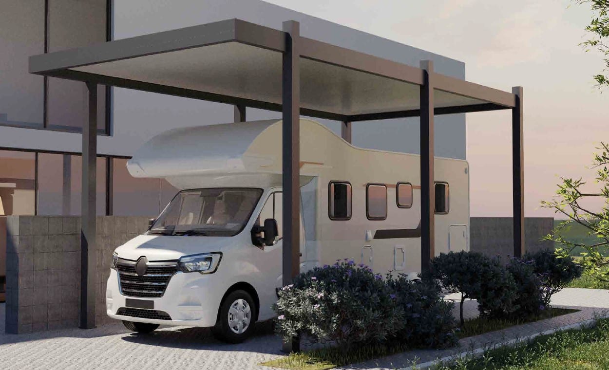 Carport moderne pour camping-car en aluminium gris foncé.