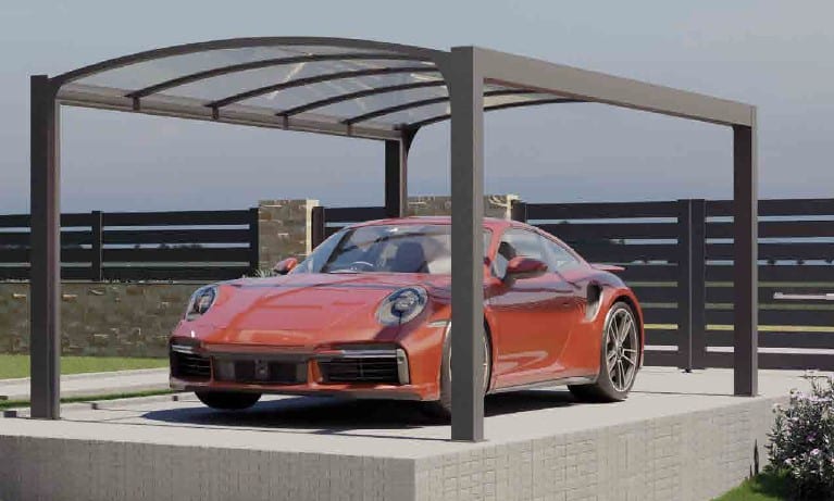 Carport arqué en aluminium gris, toit en polycarbonate