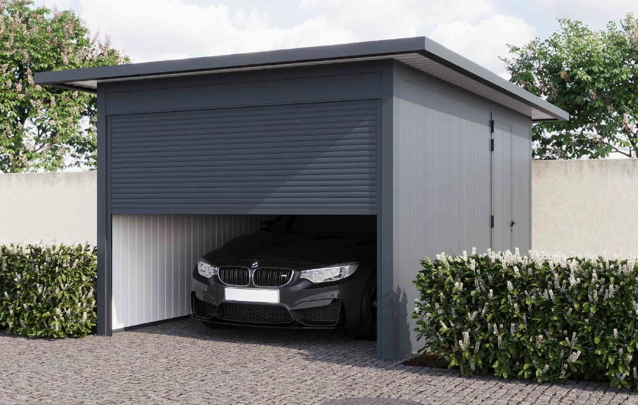 Carport aluminium avec fermetures périphériques et claustras et porte de garage