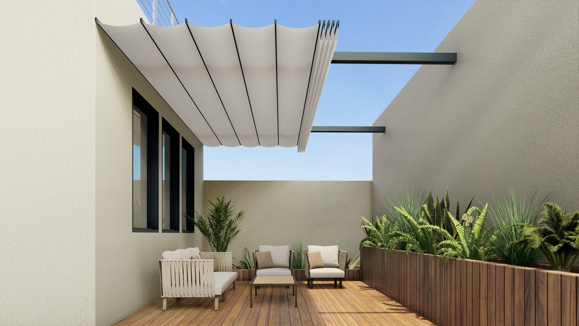 Terrasse moderne avec pergola Vélum, mobilier de jardin et jardinières en bois sur un deck.